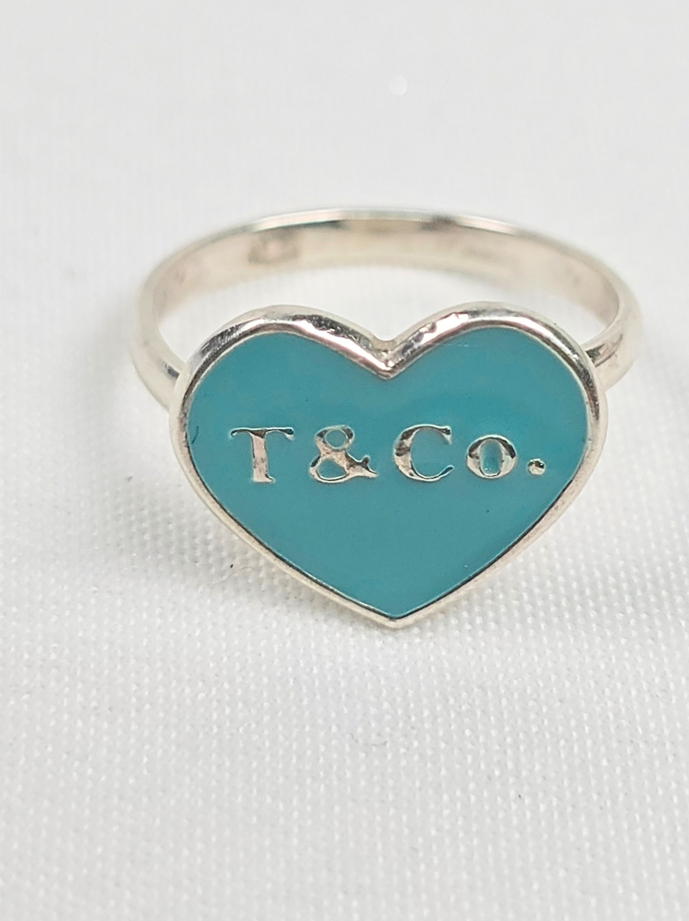 925 Sterling Silver Blue Enamel Heart Ring Adjustable #5–#8 Tiff. Style